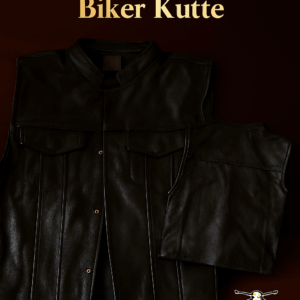 Men’s black leather biker Kutte (sleeveless vest) with front zip and snap-button closure, two flap chest pockets, and smooth grain finish, displayed with the GATVOL BIKERS logo in the bottom right corner.