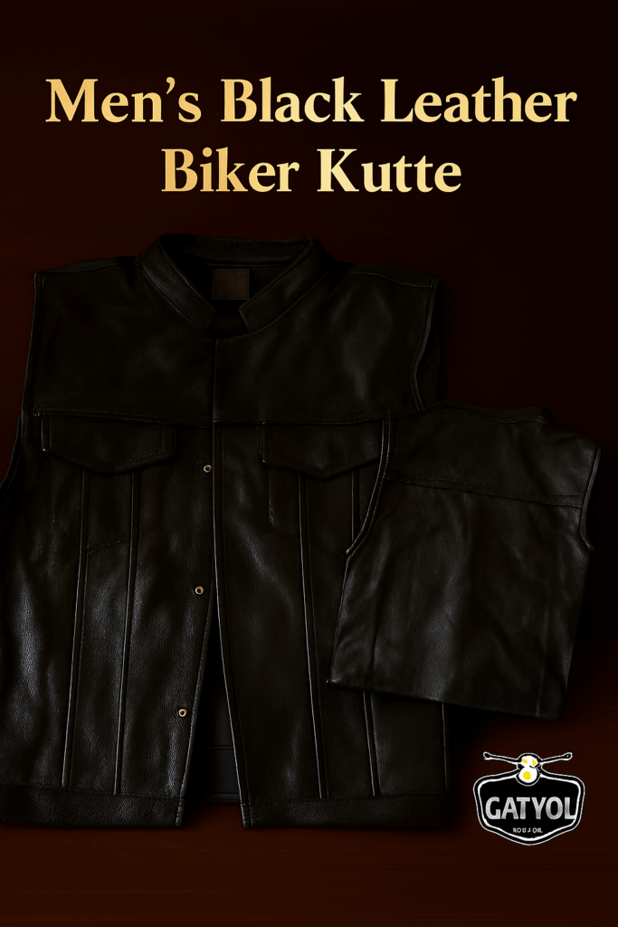 Men’s black leather biker Kutte (sleeveless vest) with front zip and snap-button closure, two flap chest pockets, and smooth grain finish, displayed with the GATVOL BIKERS logo in the bottom right corner.