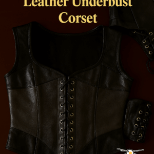 Anthracite grey and black genuine leather underbust corset with panelled design, front busk closure, and adjustable rear lacing, displayed on a mannequin with the GATVOL BIKERS logo in the bottom right corner.