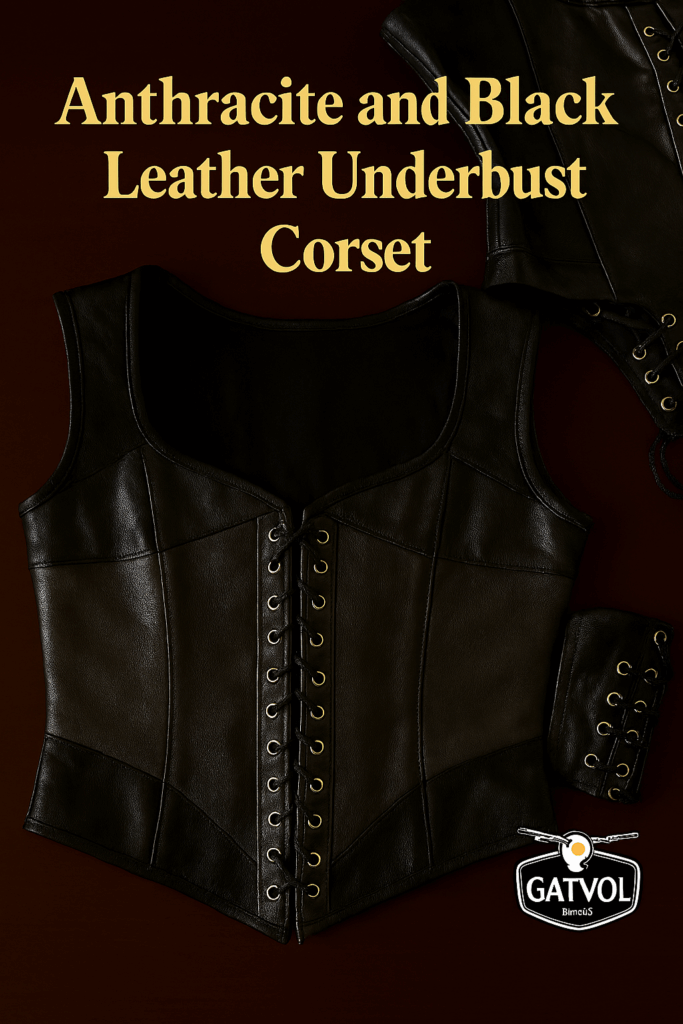 Anthracite grey and black genuine leather underbust corset with panelled design, front busk closure, and adjustable rear lacing, displayed on a mannequin with the GATVOL BIKERS logo in the bottom right corner.